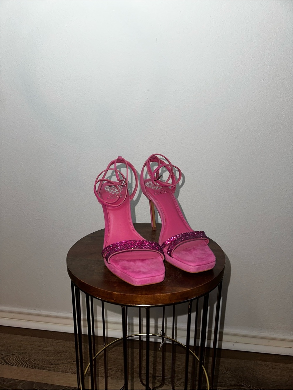 Vine Camuto Pink Strappy High Heel Sandals with Glitter Accent